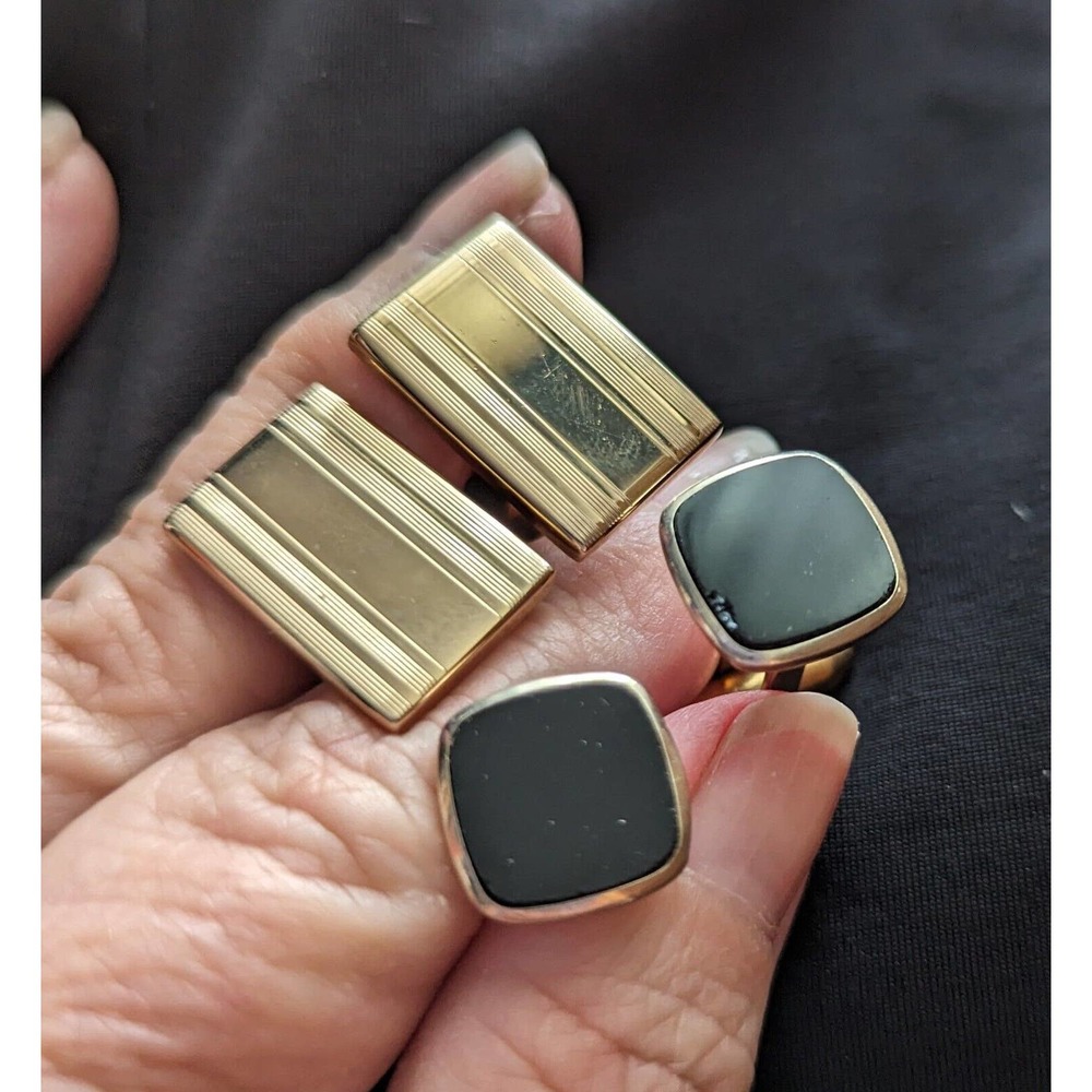 Lot of 2 Vintage Gold Tone Rectangular Square Black Enamel Cufflinks